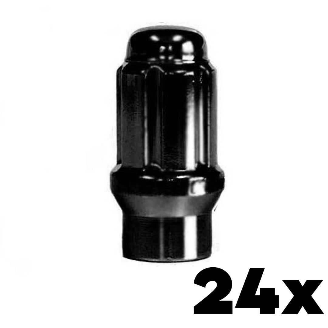 24x BLACK 14mm x 2.00 Extended Thread Spline Lug Nuts | Standard 6 Spline Key NOT INCLUDED