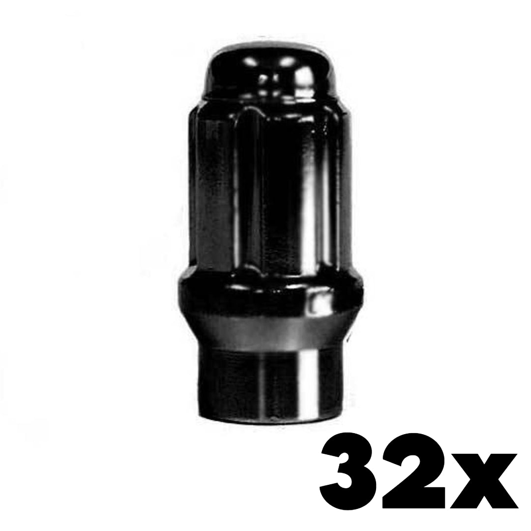 32x BLACK 1/2-20 Extended Thread Spline Lug Nuts | Standard 6 Spline Key NOT INCLUDED