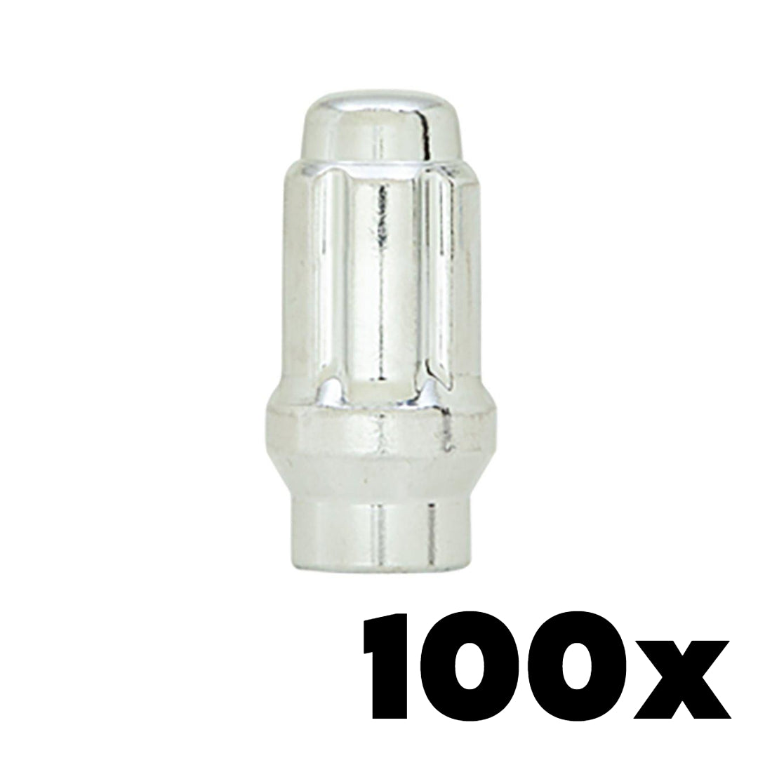100x CHROME 14mm x 2.00 Extended Thread Spline Lug Nuts | Standard 6 Spline Key NOT INCLUDED