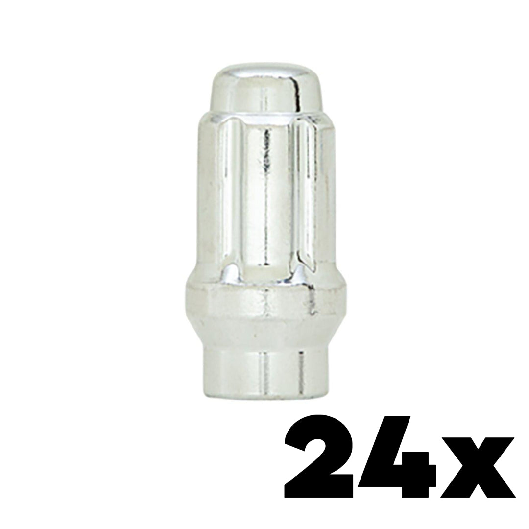 24x CHROME 14mm x 1.50 Extended Thread Spline Lug Nuts | Standard 6 Spline Key NOT INCLUDED