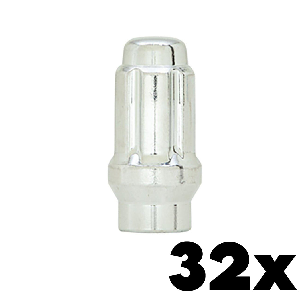 32x CHROME 14mm x 1.50 Extended Thread Spline Lug Nuts | Standard 6 Spline Key NOT INCLUDED
