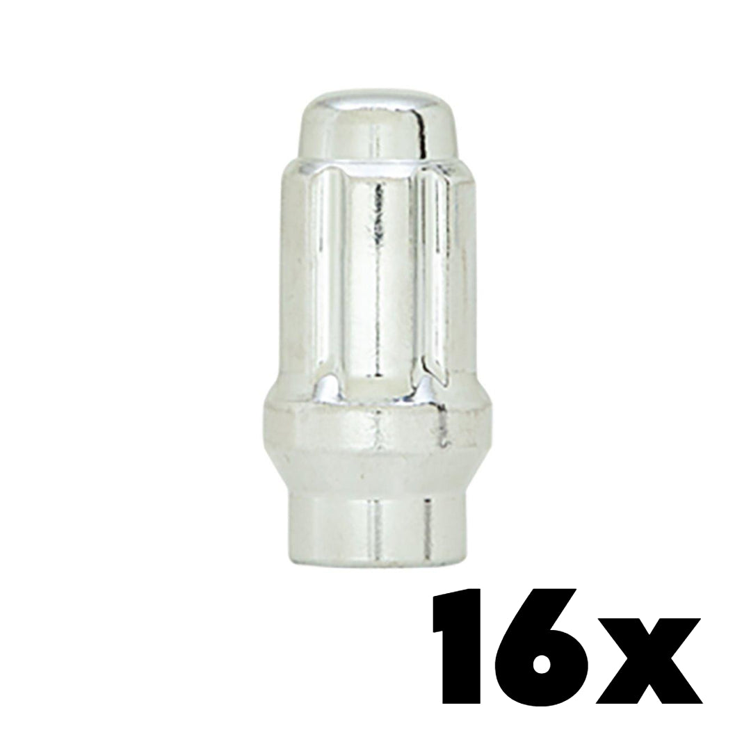 16x CHROME 14mm x 1.50 Extended Thread Spline Lug Nuts | Standard 6 Spline Key NOT INCLUDED
