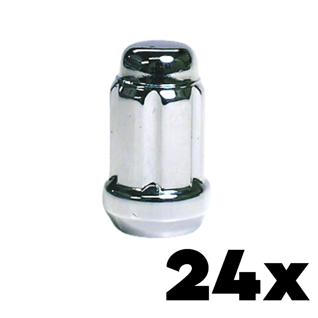24x CHROME 14mm x 2.00 Standard Spline Lug Nuts | Standard 6 Spline Key NOT INCLUDED