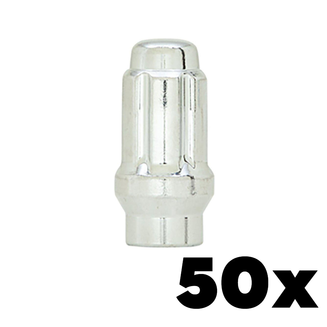 50x CHROME 12mm x 1.50 Extended Thread Spline Lug Nuts | Standard 6 Spline Key NOT INCLUDED