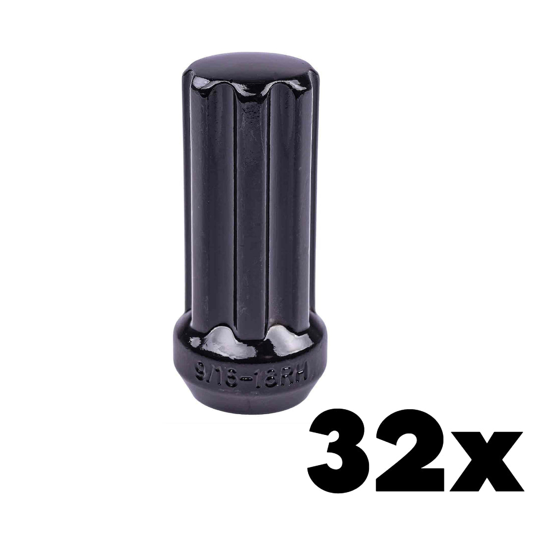 32x BLACK 12mm x 1.50 Large Spline Lug Nuts | Large 7 Spline Key NOT INCLUDED
