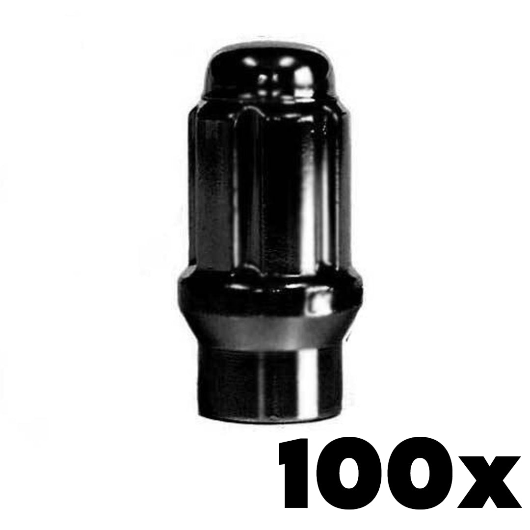100x BLACK 1/2-20 Extended Thread Spline Lug Nuts | Standard 6 Spline Key NOT INCLUDED
