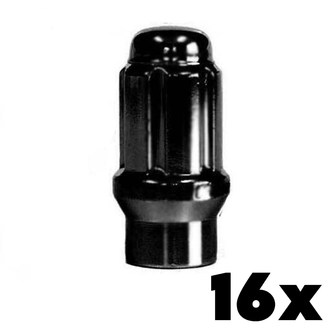 16x BLACK 12mm x 2.00 Extended Thread Spline Lug Nuts | Standard 6 Spline Key NOT INCLUDED