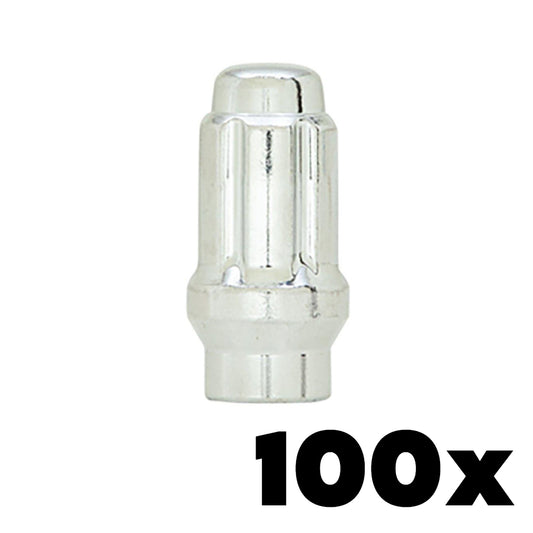 100x CHROME 12mm x 1.50 Extended Thread Spline Lug Nuts | Standard 6 Spline Key NOT INCLUDED