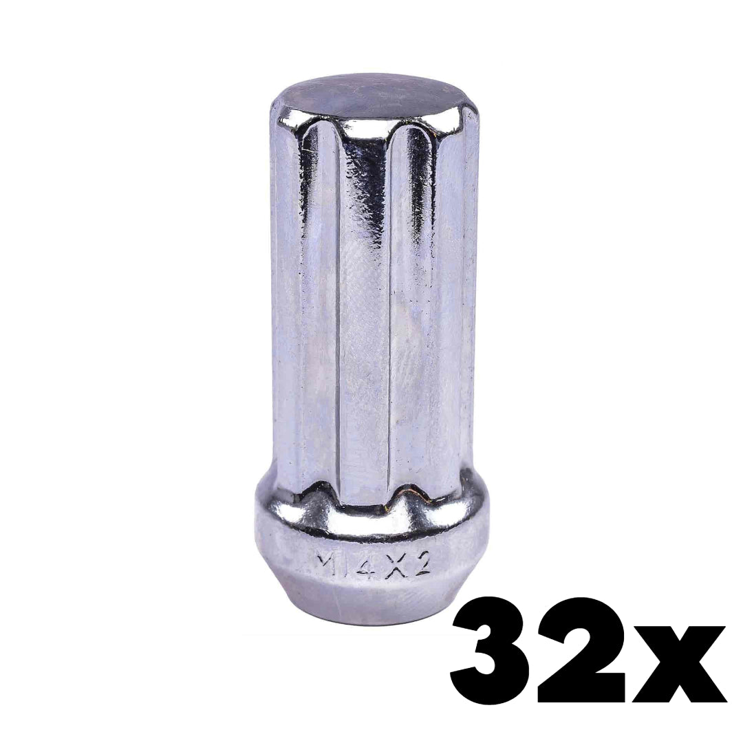 32x CHROME 14mm x 1.50 Large Spline Lug Nuts | Large 7 Spline Key NOT INCLUDED