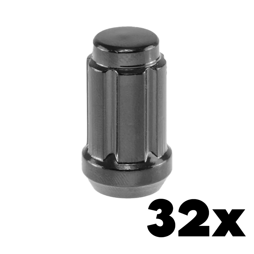32x BLACK 1/2-20 Standard Spline Lug Nuts | Standard 6 Spline Key NOT INCLUDED